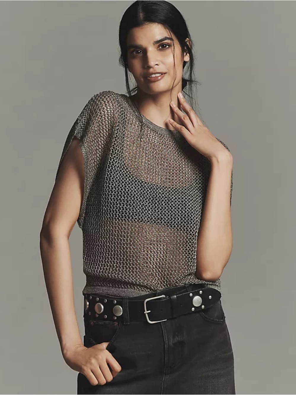 Anthropologie Metallic Mesh Knit Tank Top - Silver - Picture 2 of 4